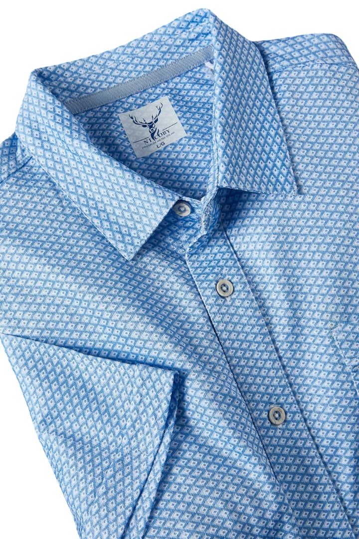 Wholesale,Nicoby Age of Wisdom, Nicoby Age of Wisdom Sky Blue Geo Print Performance Shirt, Blue, Small-40-TagSMedium-42-TagMLarge-45-TagLExtra Large-48-TagXLExtra Extra Large-51-TagXXL