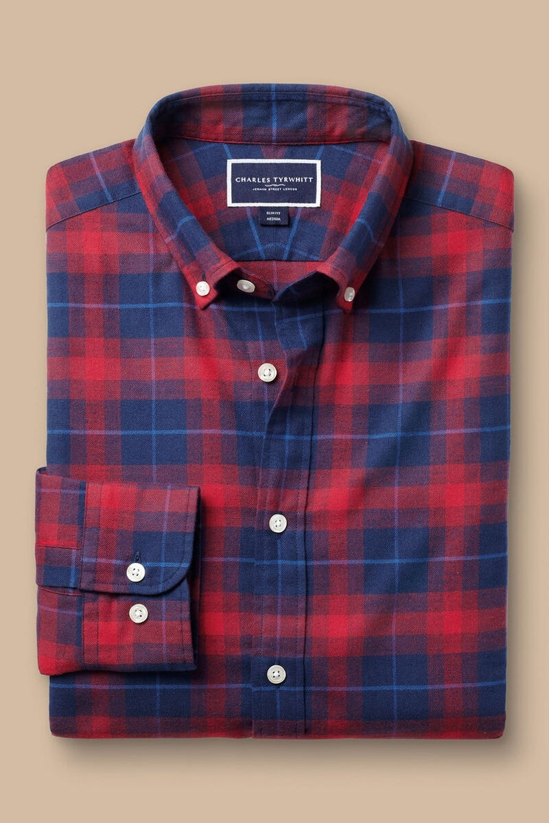 Wholesale,Charles Tyrwhitt, Charles Tyrwhitt Red/Blue Check Brushed Flannel Shirt, Red, Extra Extra Large-51-TagXXL
