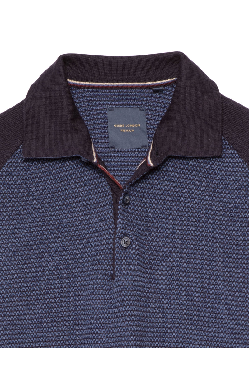 Faire,Guide London, Guide London Navy/Denim Braided Weave Knit Button Polo, Blue, Large-42-TagL