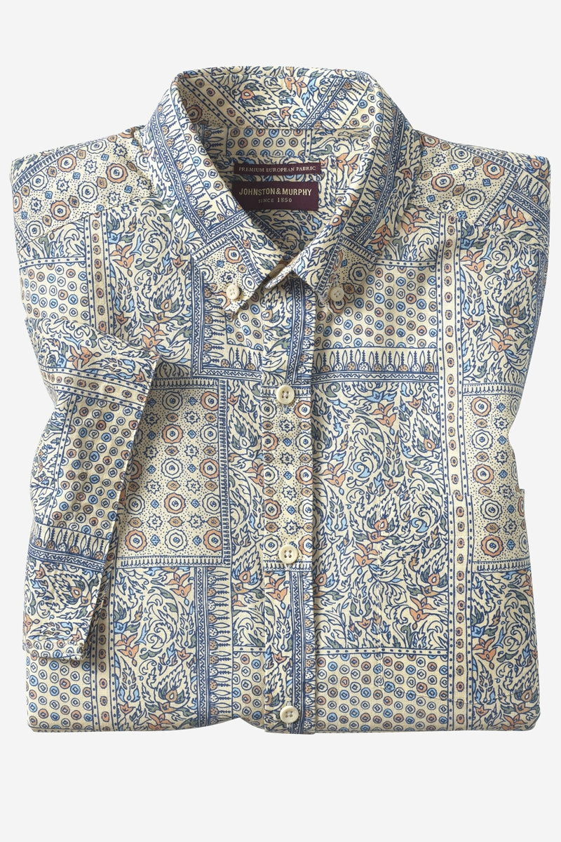 Wholesale,Johnston & Murphy, Johnston & Murphy Blue/Tan Multi Patchwork Bandana Printed Shirt, Blue, Extra Extra Large-54-TagXXL