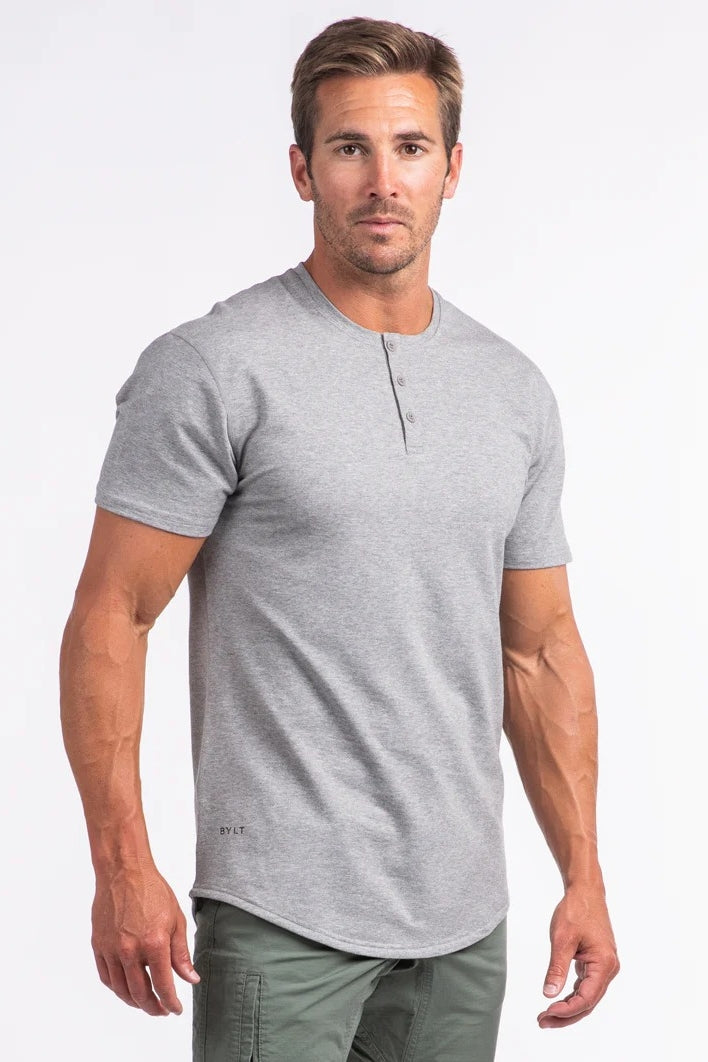 Wholesale,Rhone, BYLT Heather Grey Drop-Cut Lux 4-way Stretch Henley, Grey, Small-40-TagSMedium-42-TagMLarge-44-TagLExtra Large-46-TagXLExtra Extra Large-50-TagXXL