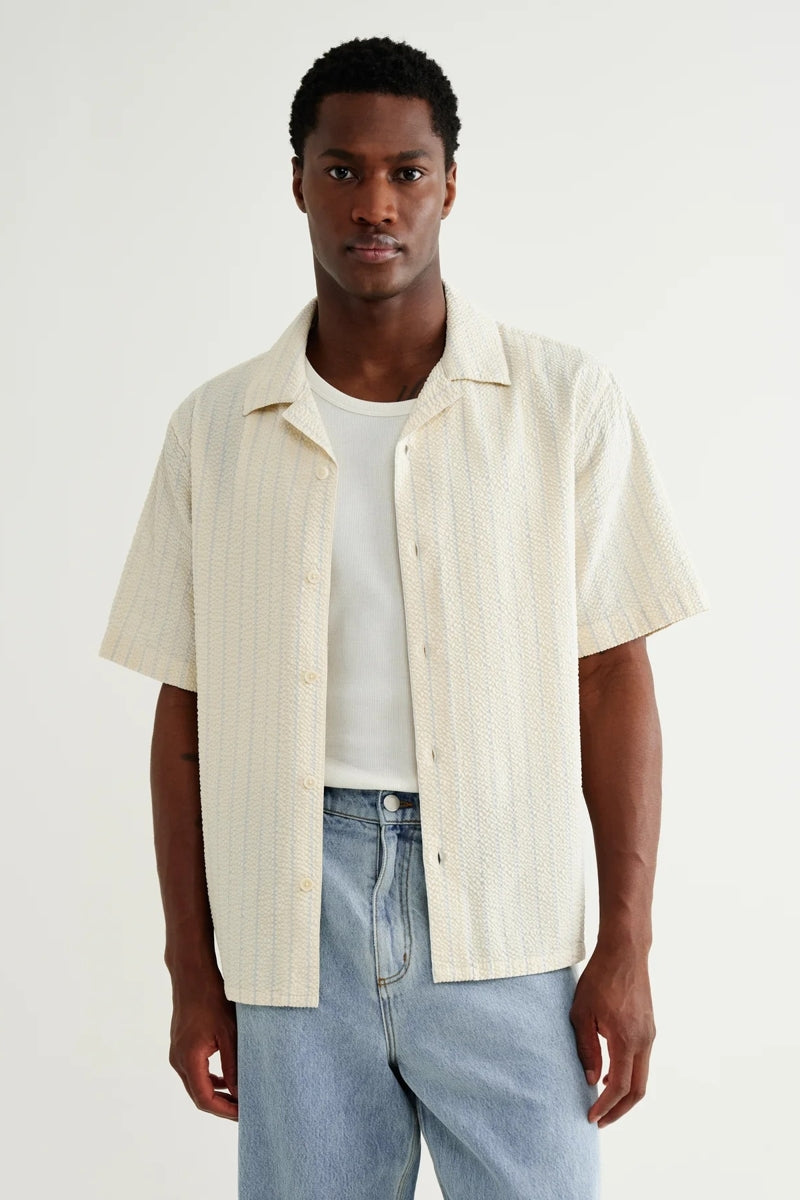 Wholesale,Wax London, Wax London Ecru/Blue Seersucker Textured Striped Shirt, Cream, Large-46-TagL