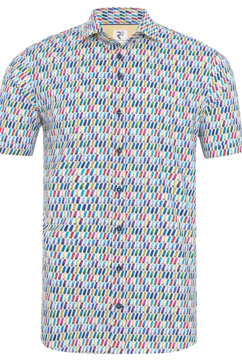 Direct From Brand,R2 Amsterdam, R2 Amsterdam Multicolor Conversational Print Short Sleeve Button Up Shirt, White, Medium-42-Tag39Medium-43-Tag40Large-45-Tag41