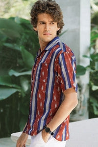 Faire,Pali, Pali Rust/Blue Striped Cuban Collar Handwoven Ikat Shirt, Red, Large-44-TagL