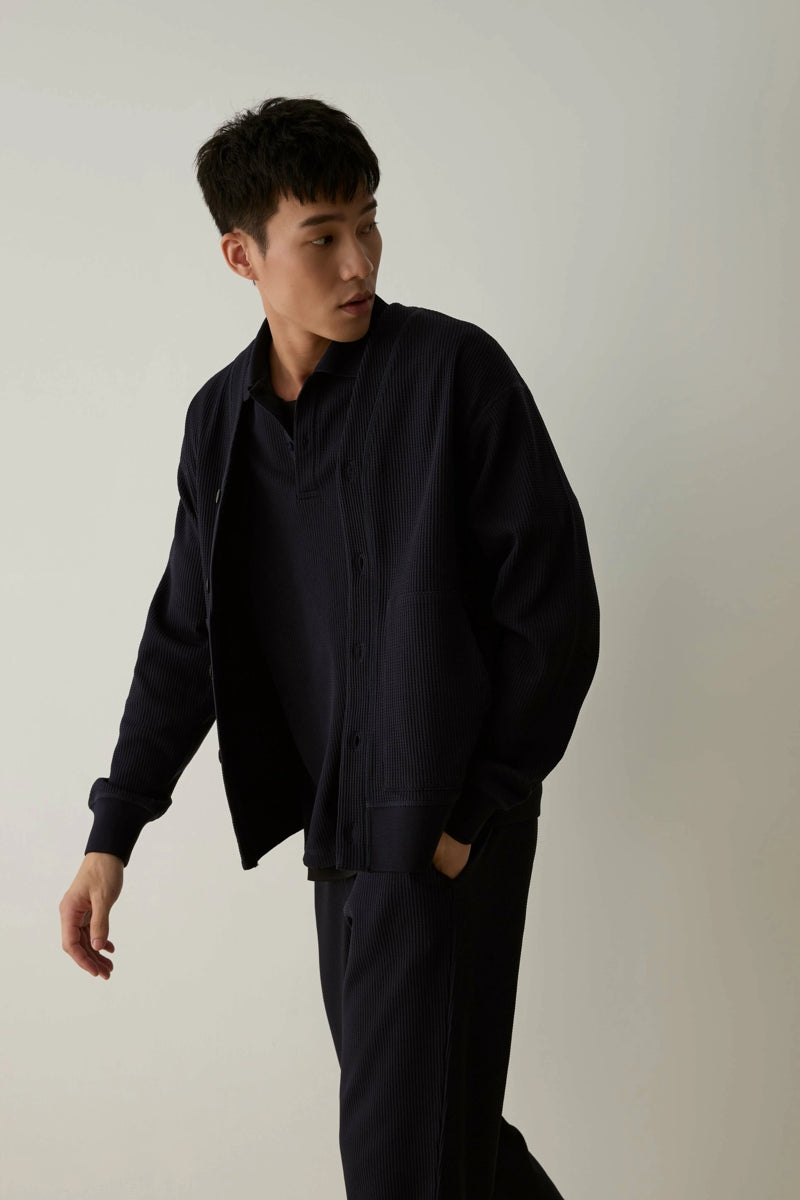 Direct From Brand,FYNE, FYNE Navy Knit Waffle Weave Cardigan, Blue, Medium-44-TagM