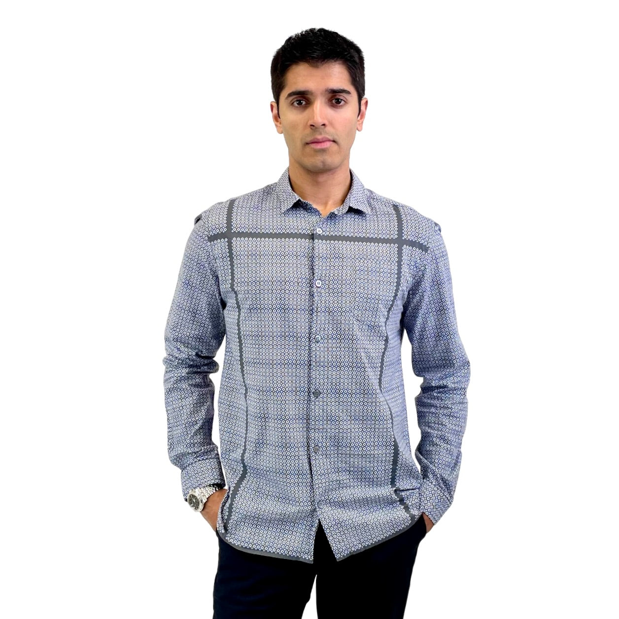 The RealReal,Pierre Blamain, Pierre Balmain Blue Abstract Print Long Sleeve Button Up With Front Pocket, Blue, Medium-43-TagM