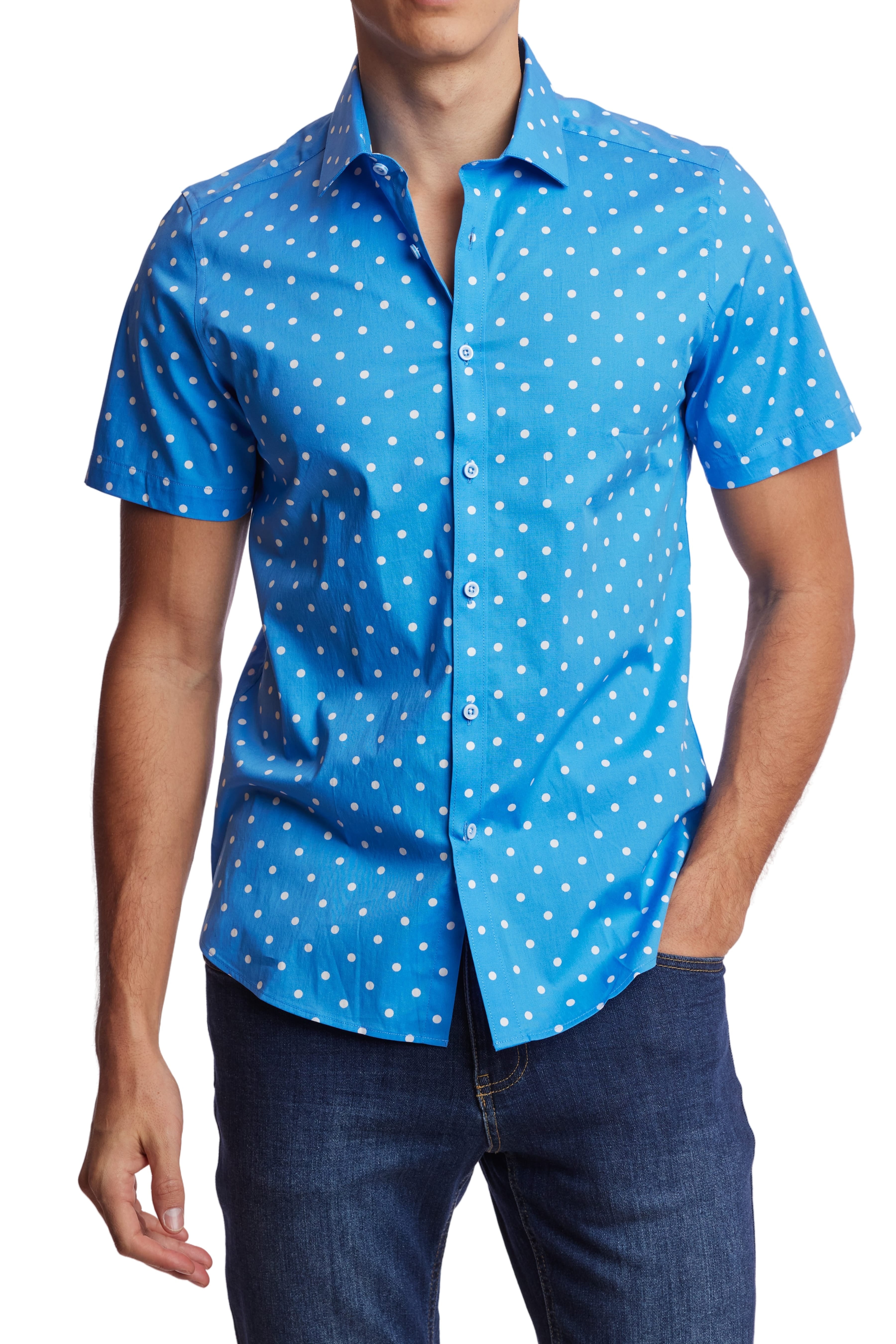 Wholesale,Paisley & Gray, Paisley & Gray Sky Blue/White Polka Dot Print Short Sleeve Shirt, Blue, Small-38-TagSSmall-40-TagMSmall-39-TagMMedium-43-TagLLarge-46-TagXLExtra Large-48-TagXXLExtra Large-49-TagXXL