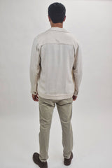 Suit Sartoria Beige Linen Blend Button Up Shirt Jacket With Two Front Chest Pockets