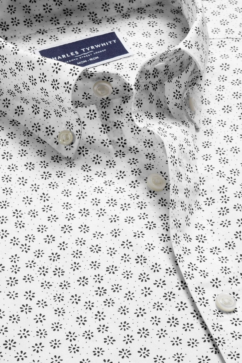 Wholesale,Charles Tyrwhitt, Charles Tyrwhitt White with Black Floral Geo Stretch Shirt, White, Small-39-TagSMedium-42-TagMLarge-45-TagLExtra Large-48-TagXL
