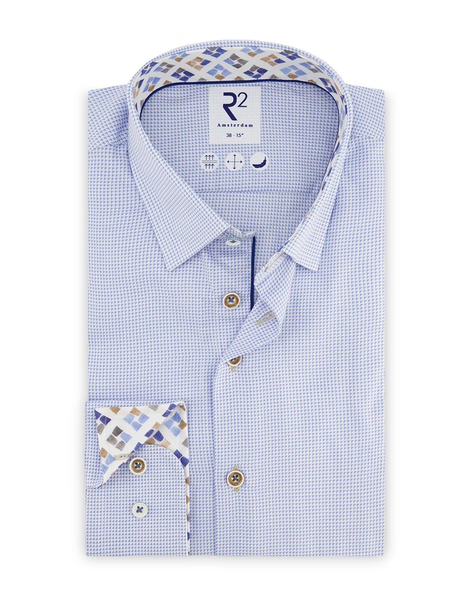Brand Partner,R2 Amsterdam, R2 Amsterdam Light Blue Plaid Long Sleeve Button Up Shirt with Cup Print Collar Contrast, Blue, Medium-45-Tag42Small-41-Tag39Extra Extra Large-53-Tag46