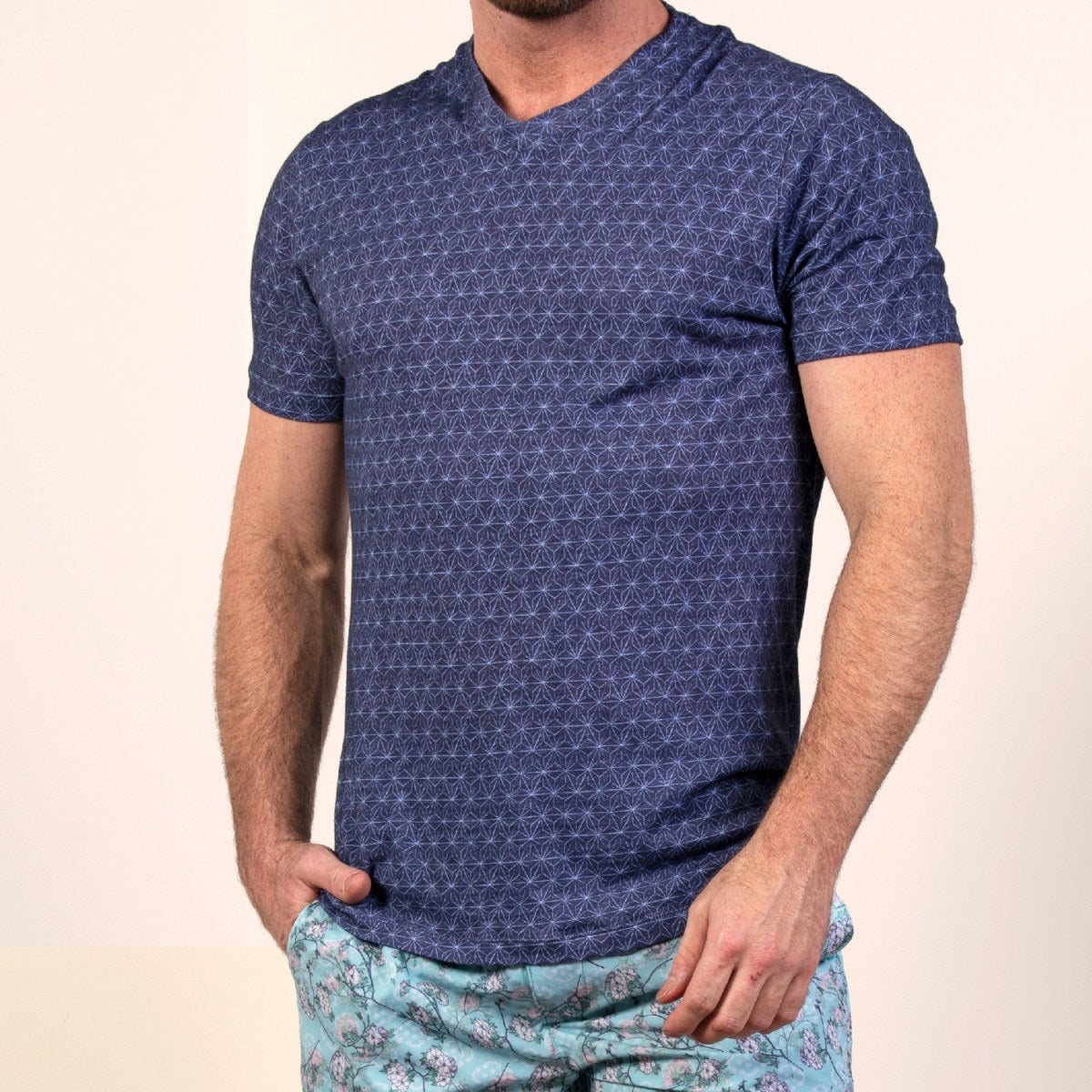 Brand Partner,Lords of Harlech, Lords of Harlech Indigo Maze Star Geo V-neck Modal Blend T-shirt, Blue, Small-38-TagSMedium-40-TagMLarge-43-TagLExtra Large-46-TagXLExtra Extra Large-49-TagXXL