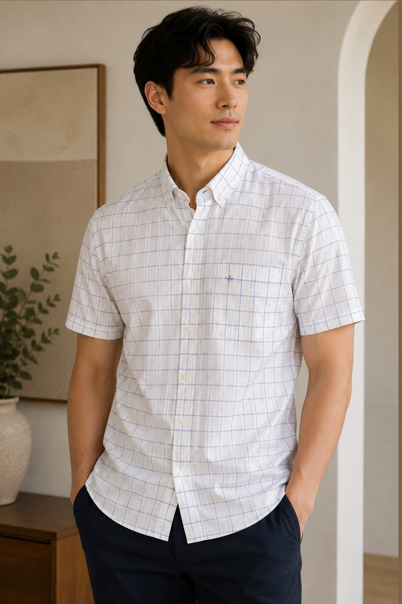 Wholesale,Jakamen, Jakamen White with Navy Blue Windowpane Textured Shirt, White, Extra Large-48-TagXL