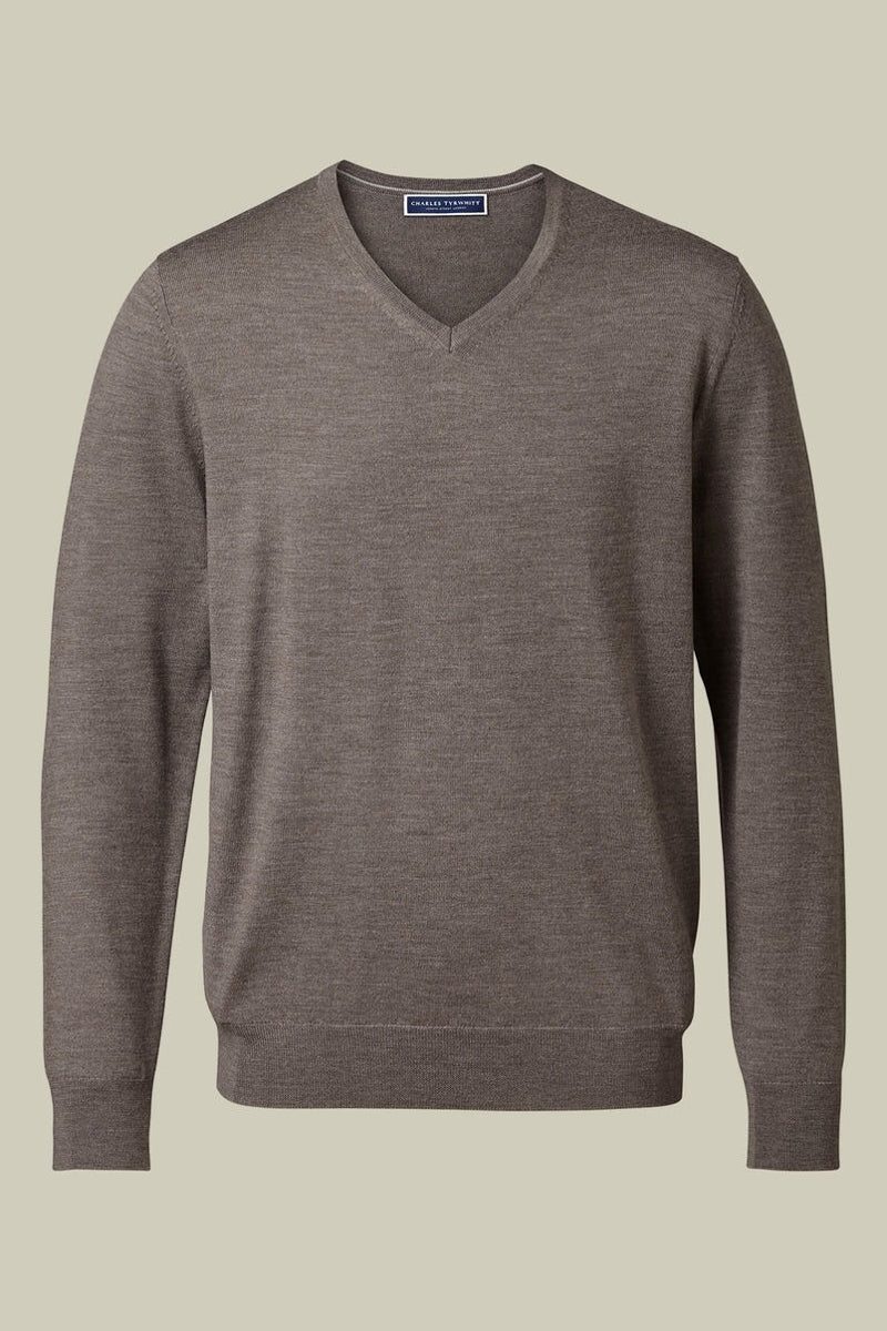 Wholesale,Charles Tyrwhitt, Charles Tyrwhitt Mocha Pure Merino Wool V-Neck Sweater, Brown, Medium-42-TagM