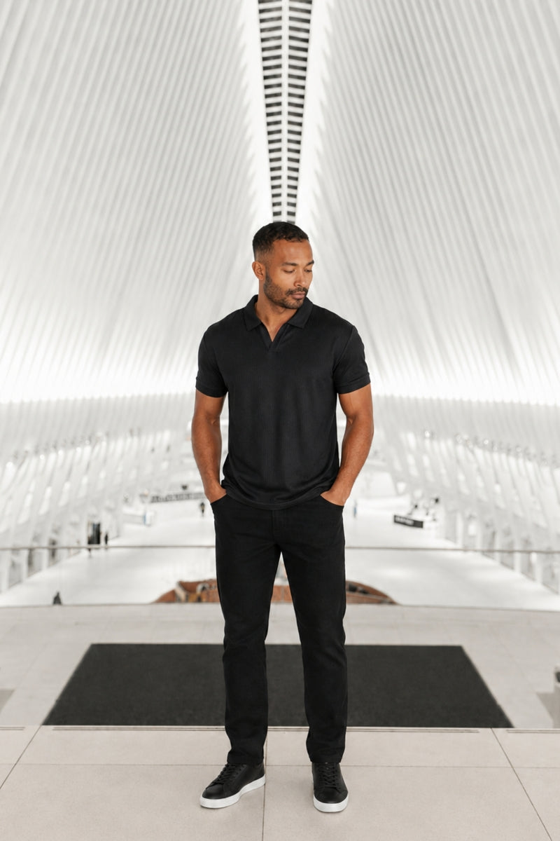 Wholesale,BYLT, BYLT Black Ribbed Drop-cut Open V Polo, Black, Small-40-TagSMedium-42-TagMExtra Extra Large-51-TagXXLLarge-44-TagLExtra Large-48-TagXLExtra Extra Large-52-TagXXL