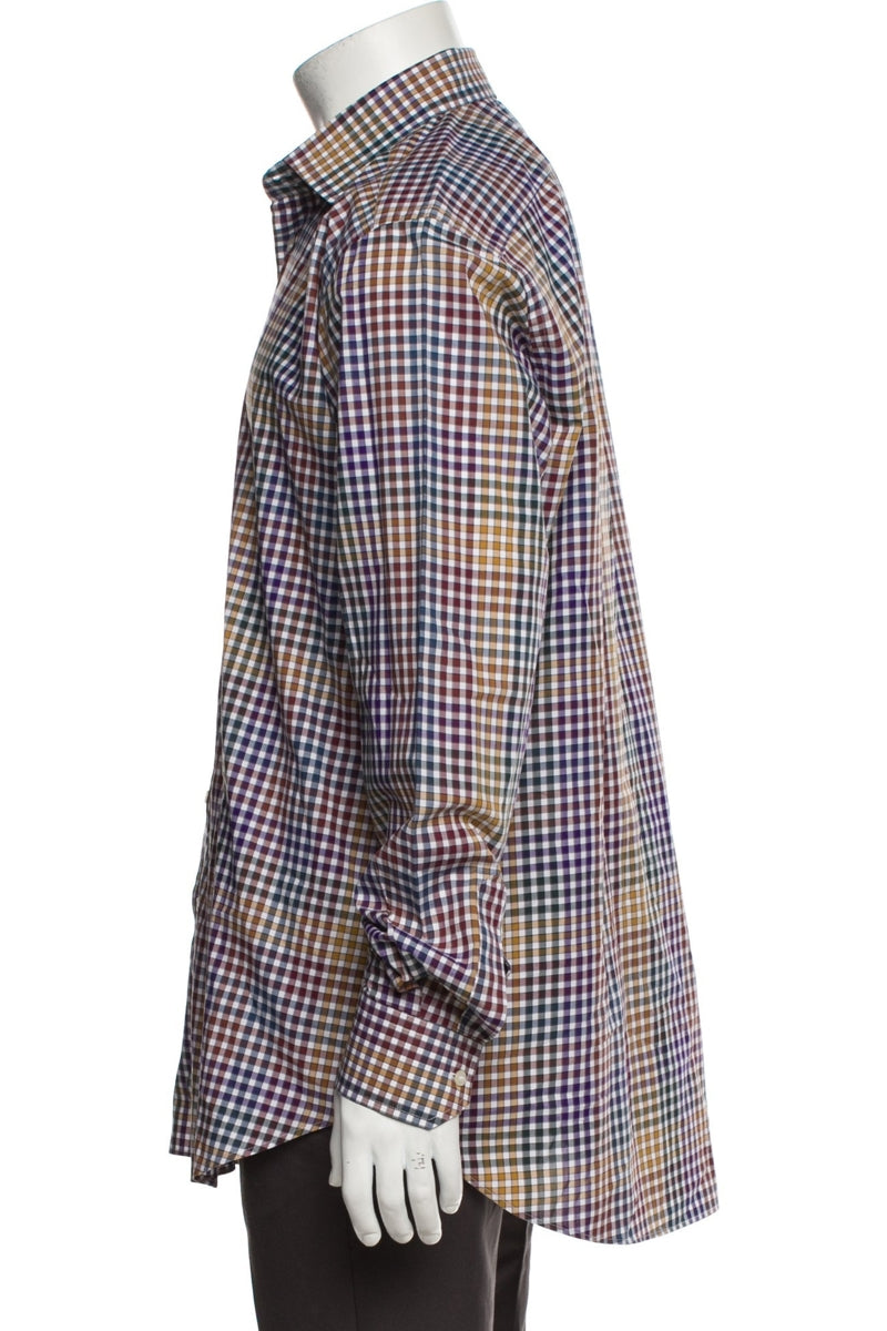 Etro Tan Multi Plaid Print Long Sleeve Dress Shirt