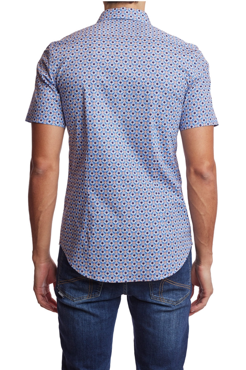 Wholesale,Paisley & Gray, Paisley & Gray Blue/Orange Geo Print Short Sleeve Shirt, Blue, Small-38-TagSSmall-40-TagMMedium-43-TagLLarge-46-TagXLExtra Large-49-TagXXL