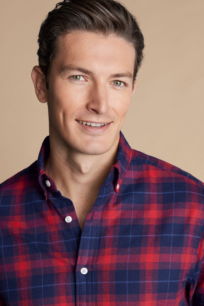 Wholesale,Charles Tyrwhitt, Charles Tyrwhitt Red/Blue Check Brushed Flannel Shirt, Red, Extra Extra Large-51-TagXXL