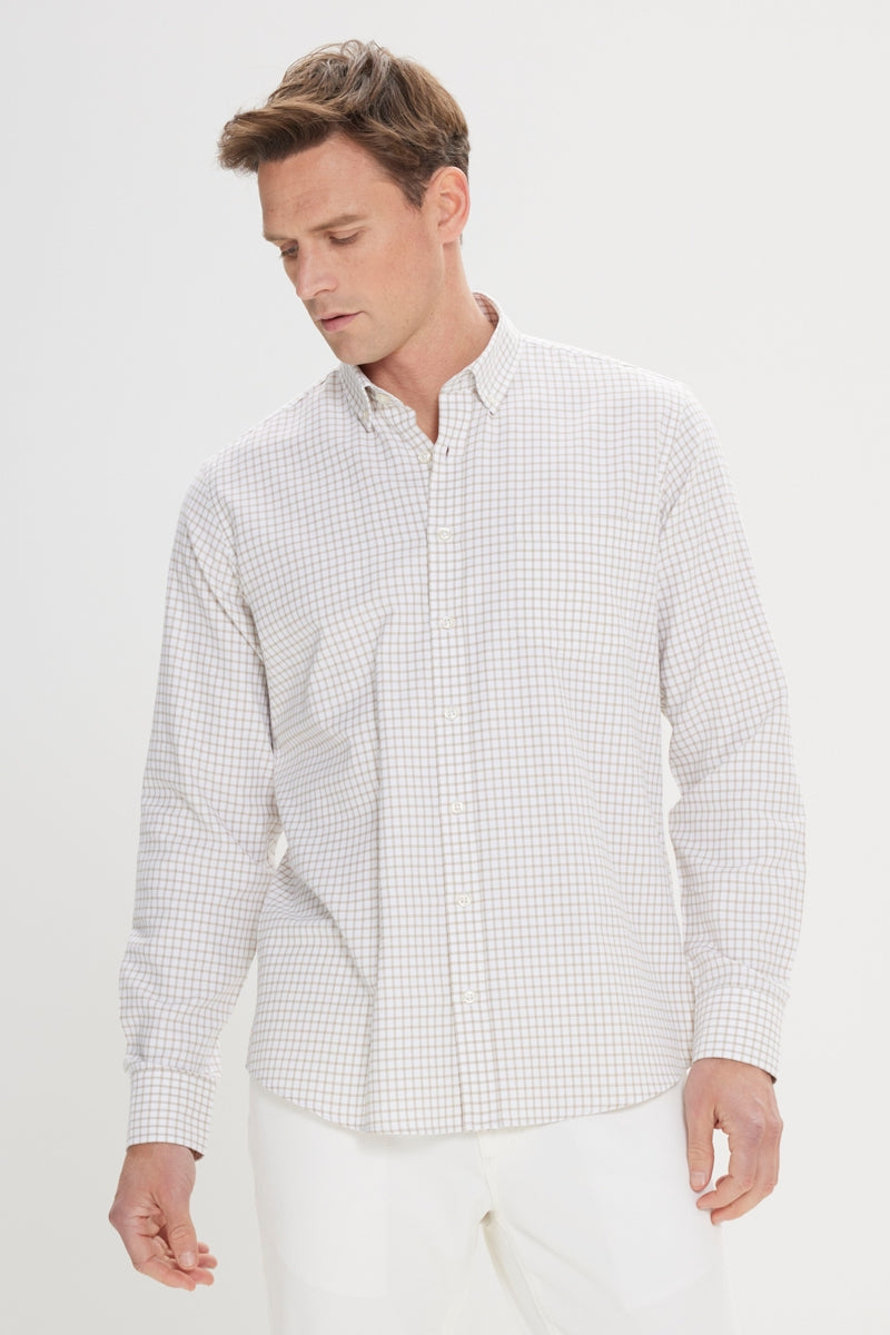 Wholesale,Altinyildiz Classics, Altinyildiz Classics Beige/White Plaid Seersucker Patterned Comfort Fit Shirt, Tan, Large-46-TagL