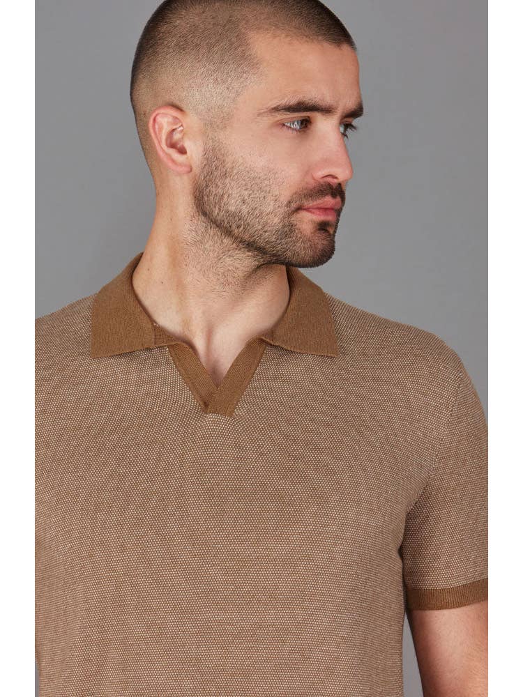 Faire,Paul James, Paul James Camel Jacquard Knit Buttonless Short Sleeve Polo, Tan, Medium-40-TagM