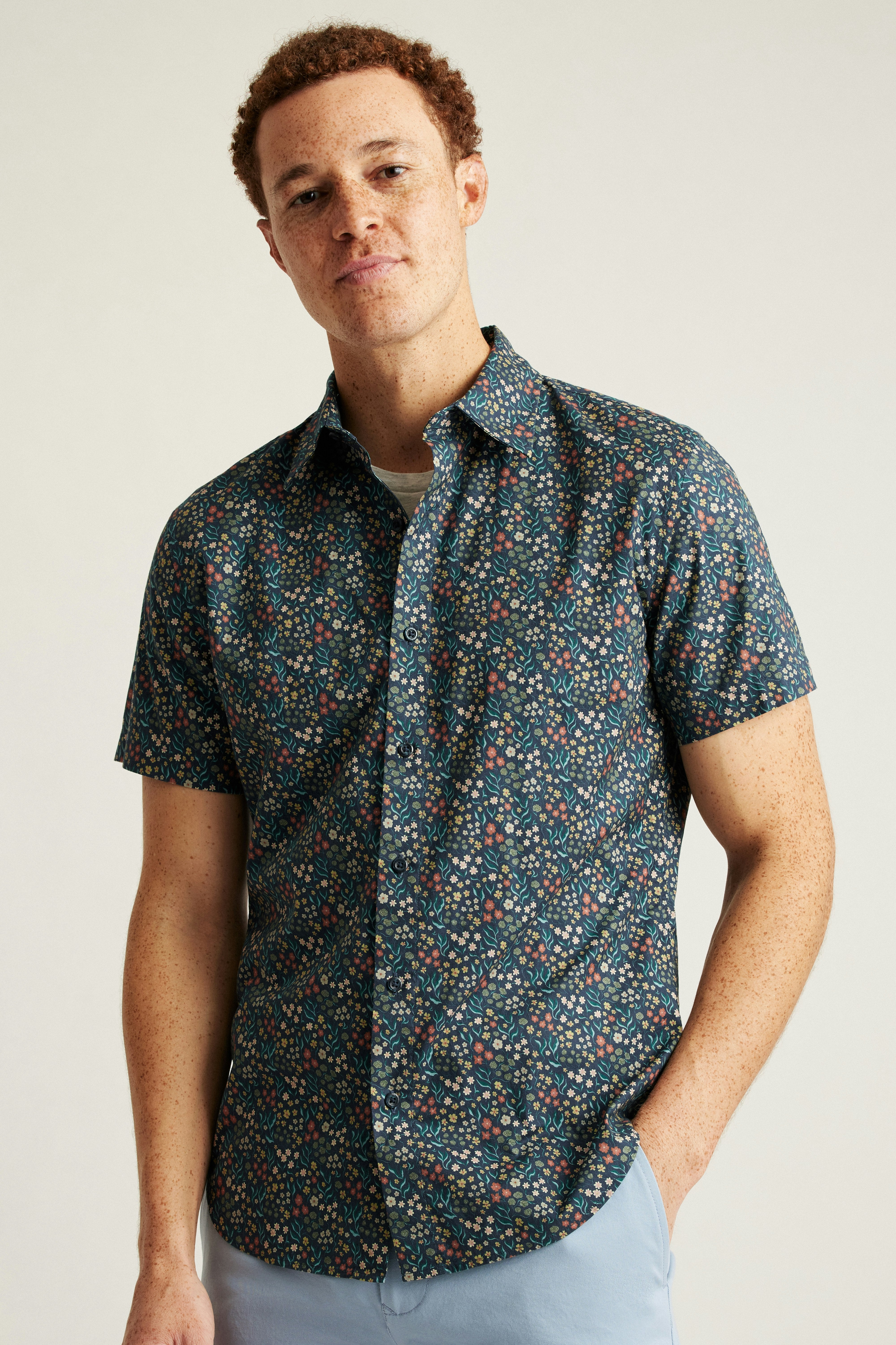 Wholesale,Bonobos, Bonobos Green Garden Floral Print Stretch Riviera Short Sleeve Shirt, Green, Large-45-TagL