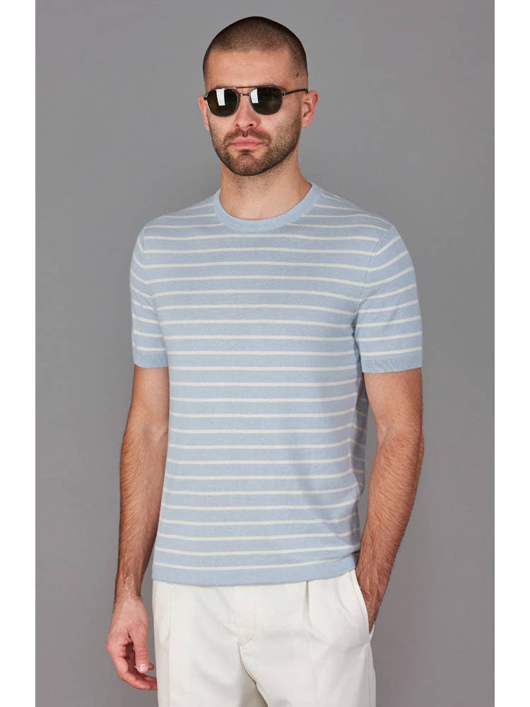 Faire,Paul James, Paul James Light Blue Knit Cotton Wider Stripe T-Shirt, Blue, Extra Large-46-TagXLLarge-43-TagXLMedium-40-TagLLarge-43-TagLMedium-40-TagMMedium-42-TagMSmall-38-TagMSmall-37-TagS