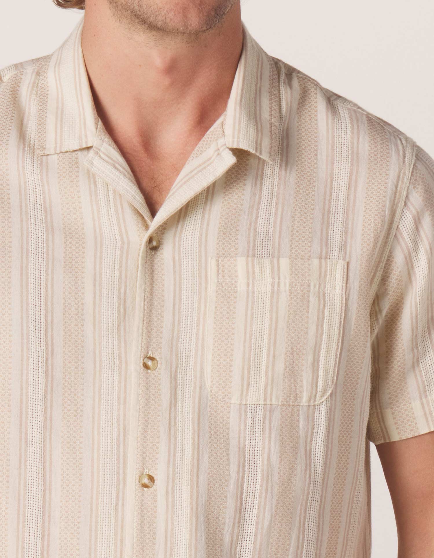 Wholesale,The Normal Brand, The Normal Brand Beige Stripe Puckered Texture Freshwater Camp Button Up Shirt, Tan, Extra Extra Large-55-TagXXL