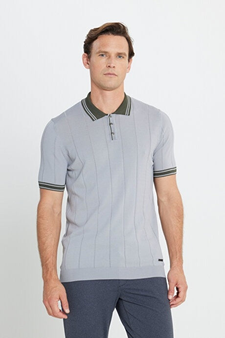 Altinyildiz Classics Grey with Khaki Contrast Knit Polo