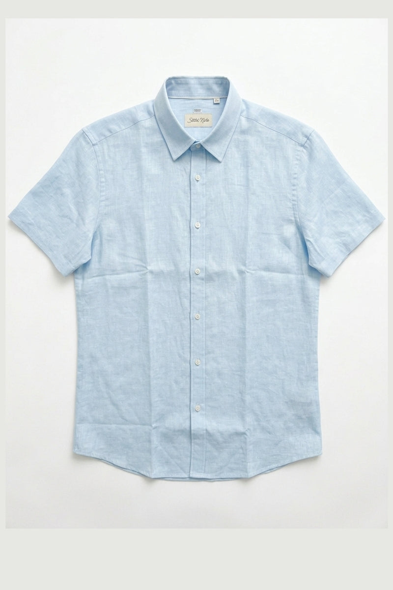 Direct From Brand,Stitch Note, Stitch Note Light Blue 100% Egyptian Linen Button Up Shirt, Blue, Medium-44-TagM