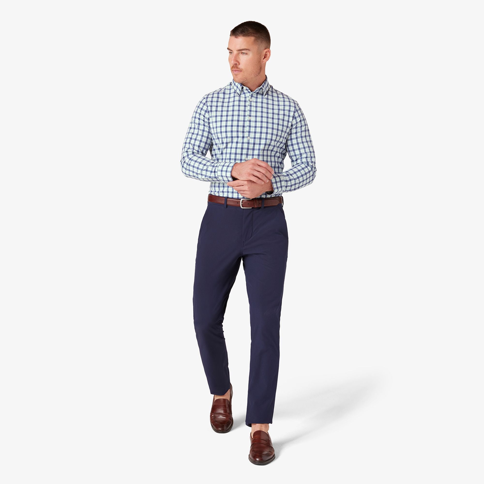 Wholesale,Mizzen + Main, Mizzen + Main Blue/Green Plaid Trim Four-way Stretch Long Sleeve Leeward Dress Shirt, Blue, Large-45-TagL