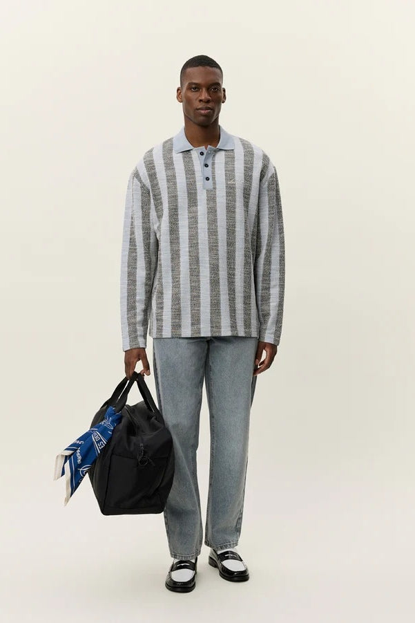 Wholesale,Les Deux, Les Deux Blue with Black Striped Jacquard Jersey Textured Knit Polo, Blue, Medium-48-TagM