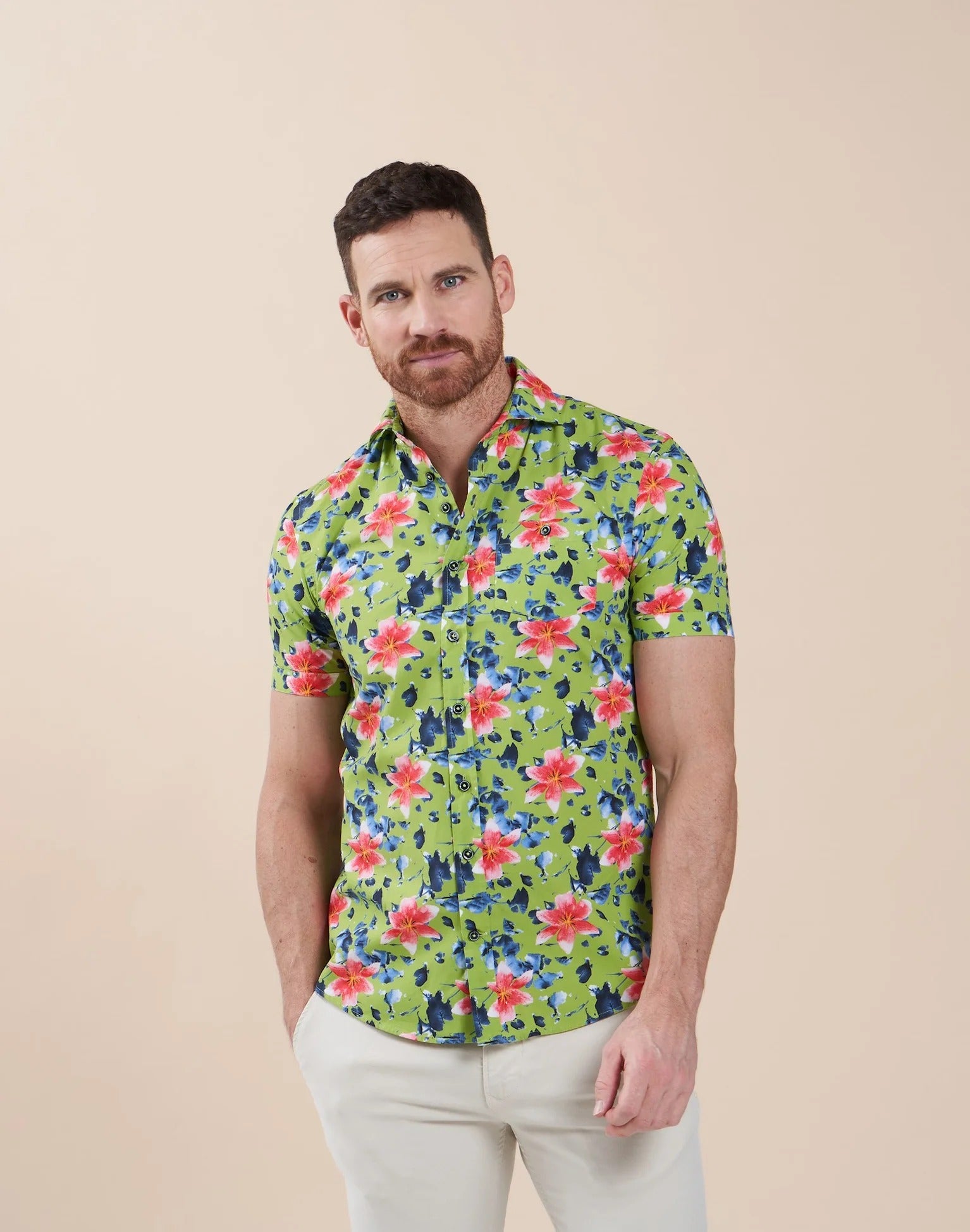 Brand Partner,R2 Amsterdam, R2 Amsterdam Green Floral Print Cotton Short Sleeve Shirt, Green, Small-41-Tag39