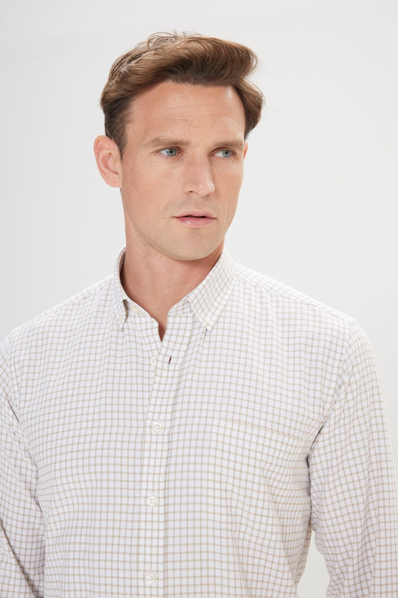 Wholesale,Altinyildiz Classics, Altinyildiz Classics Beige/White Plaid Seersucker Patterned Comfort Fit Shirt, Tan, Medium-44-TagMLarge-46-TagLExtra Large-48-TagXLExtra Extra Large-51-TagXXL