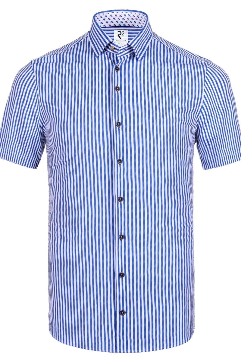 Direct From Brand,R2 Amsterdam, R2 Amsterdam Cobalt/White Striped Knitted Short Sleeve Button Up Shirt, Blue, Medium-43-Tag40Large-44-Tag41Large-46-Tag42Extra Large-48-Tag43