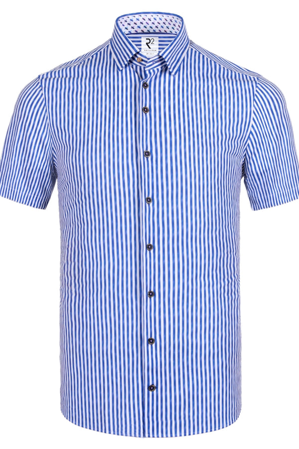 R2 Amsterdam Cobalt/White Striped Knitted Short Sleeve Button Up Shirt