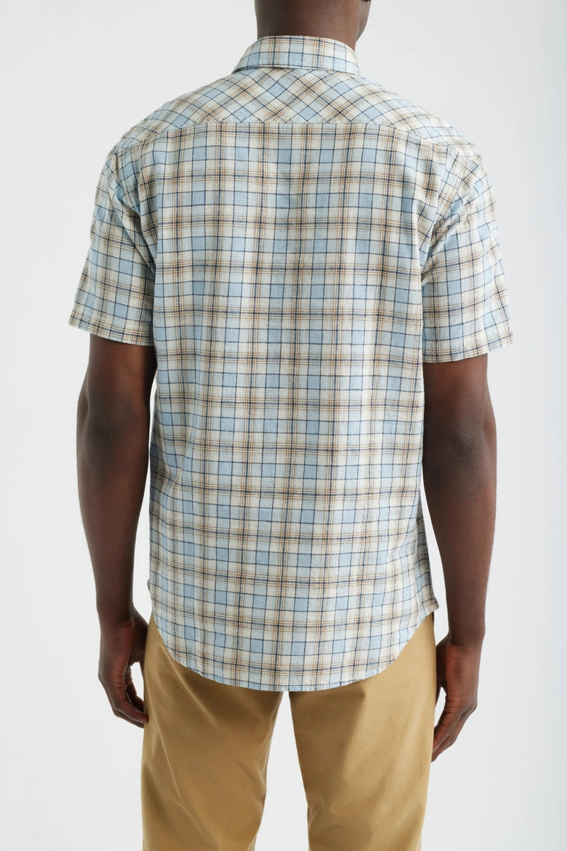 Wholesale,James Campbell, James Campbell Sky/Tan Plaid Cotton/Linen Blend Shirt, Blue, Small-42-TagSMedium-44-TagMLarge-46-TagLExtra Large-50-TagXL