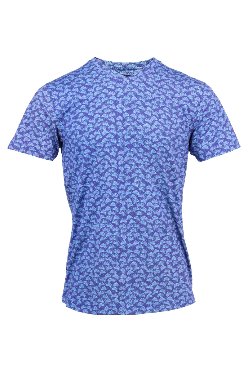 Direct From Brand,Lords of Harlech, Lords of Harlech Blue Stretch Woven Conversational Leaves Short Sleeve T-Shirt, Blue, Large-40-TagL