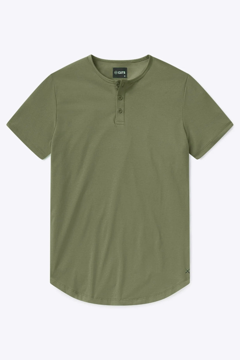 Wholesale,CUTS, CUTS Olive Green Curve-Hem Henley, Green, Small-39-TagSMedium-42-TagMLarge-44-TagLExtra Large-48-TagXLExtra Extra Large-50-TagXXL