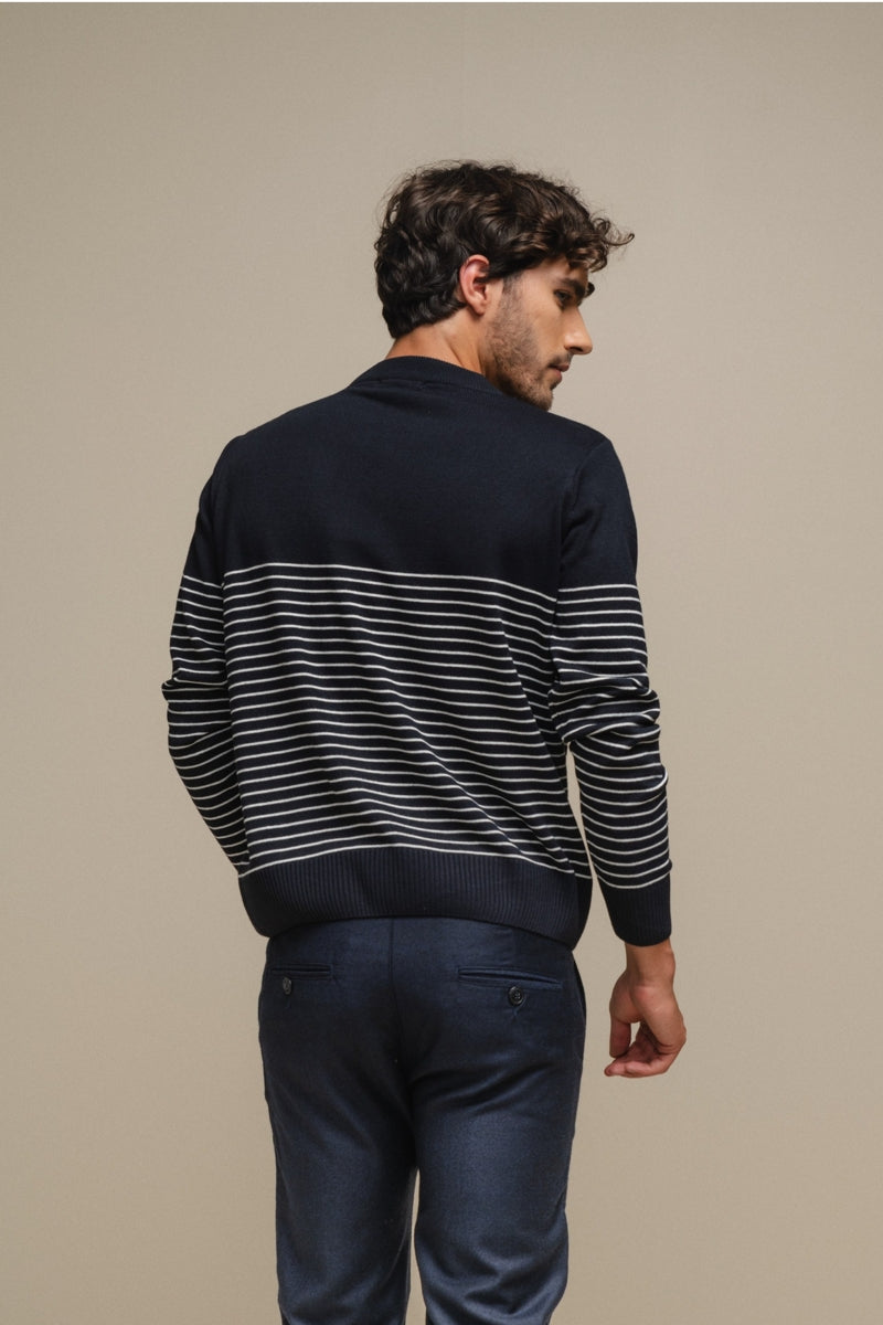 Faire,SMF, SMF Navy Striped Knit Sweater with Shoulder Button Detail, Blue, Medium-42-TagL