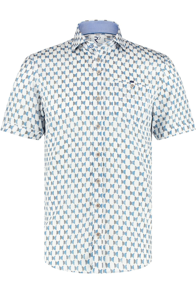 R2 Amsterdam White/Blue Door Print Short Sleeve Button Up Shirt