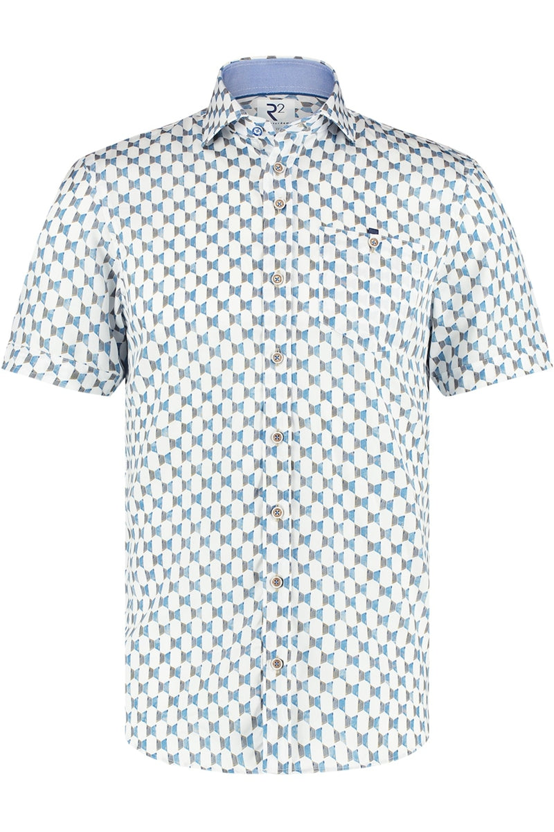 Direct From Brand,R2 Amsterdam, R2 Amsterdam White/Blue Door Print Short Sleeve Button Up Shirt, White, Large-45-Tag41