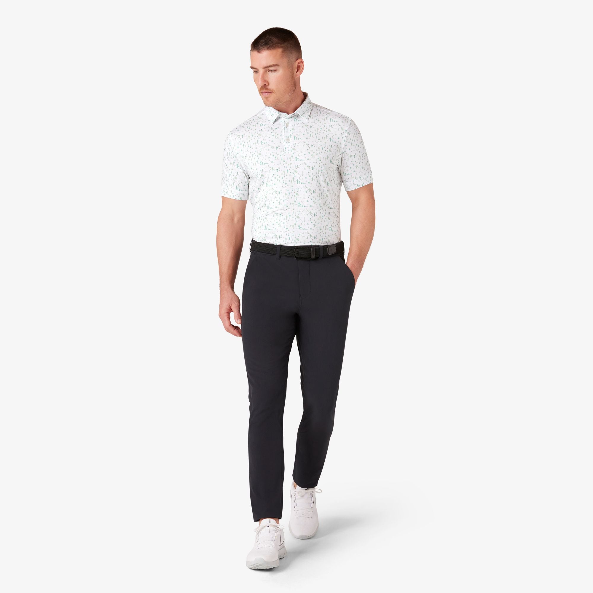 Wholesale,Mizzen + Main, Mizzen + Main White Cacti Print Antimicrobial Tech Trim Fit Polo, White, Small-41-TagSExtra Extra Large-51-TagXXLLarge-45-TagLMedium-42-TagMExtra Large-48-TagXL