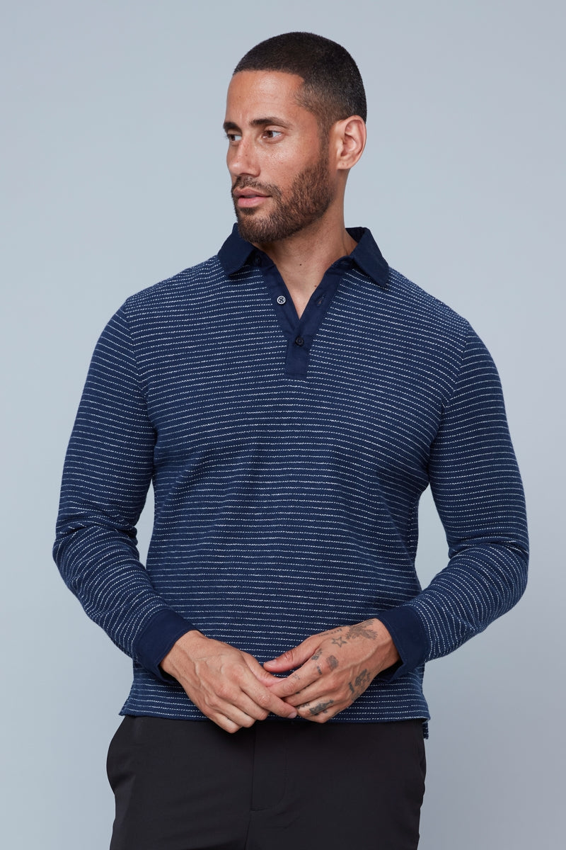 Wholesale,HEDGE, HEDGE Navy with White Striped Knit Polo, Blue, Small-40-TagSMedium-42-TagMLarge-44-TagLExtra Large-48-TagXLExtra Extra Large-50-TagXXL