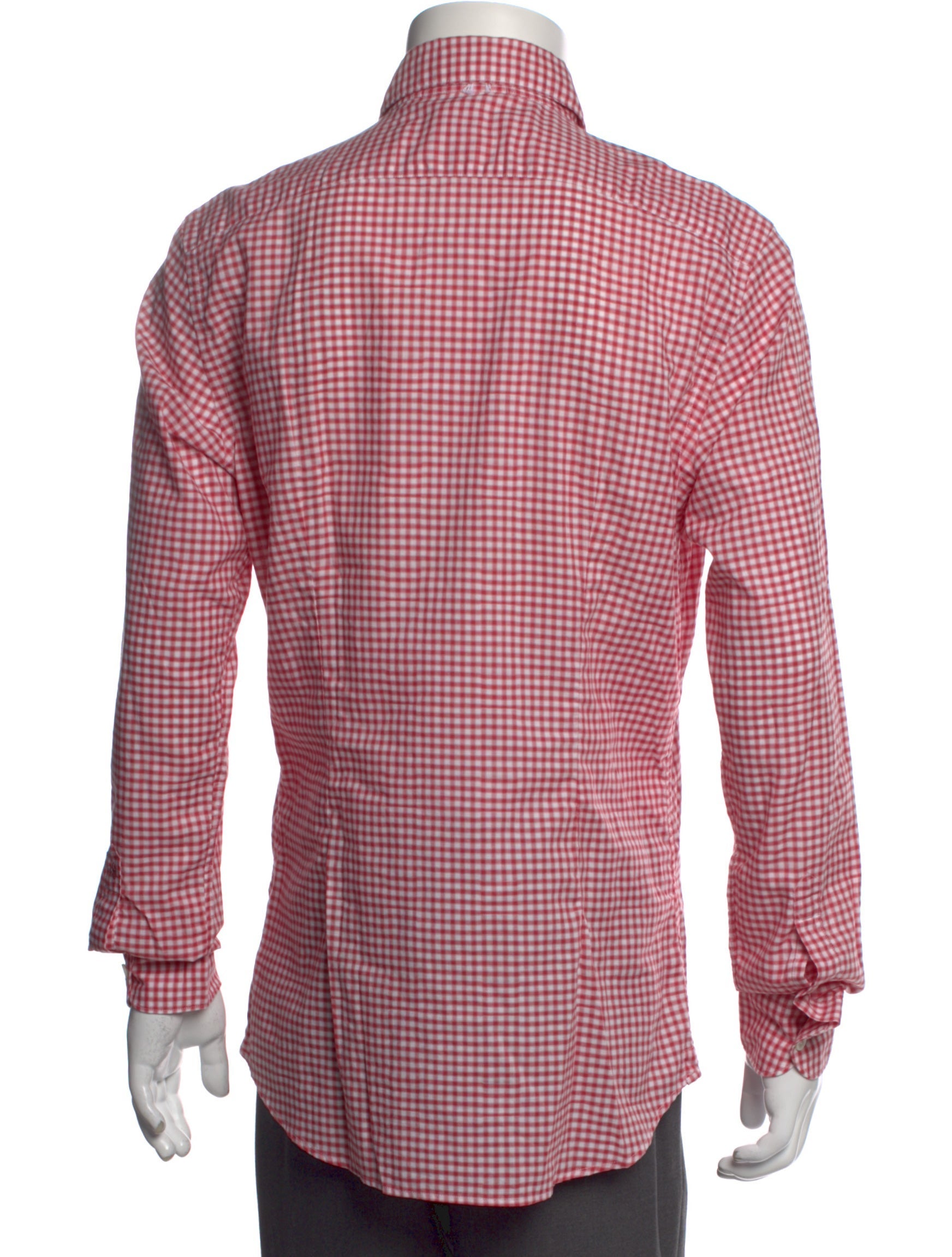 RealReal,Glanshirt, Glanshirt Red Plaid Print Long Sleeve Dress Shirt with Embroidered Accent, Red, Medium-42-TagL
