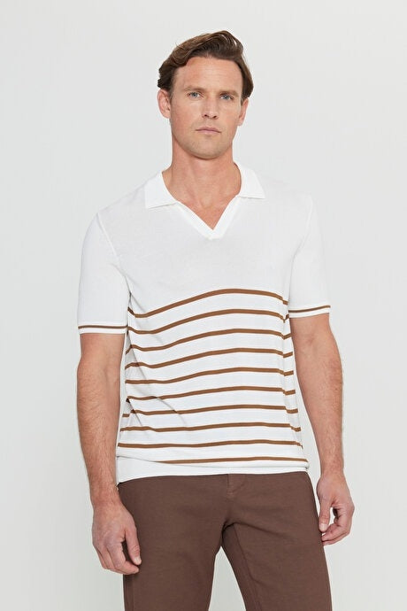 Wholesale,Altinyildiz Classics, Altinyildiz Classics White with Brown Striped Knit Polo, White, Large-44-TagLMedium-42-TagMExtra Large-46-TagXLSmall-40-TagS