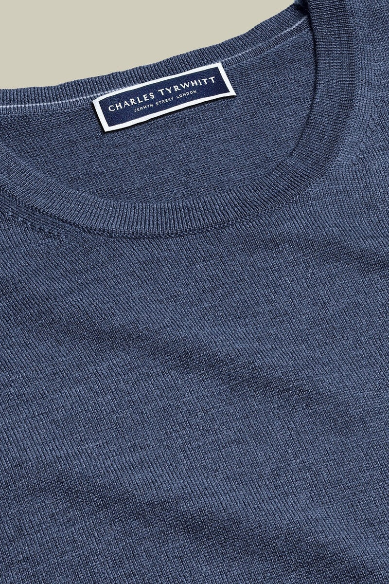 Wholesale,Charles Tyrwhitt, Charles Tyrwhitt Indigo Melange Merino Wool Crewneck Sweater, Blue, Medium-42-TagM