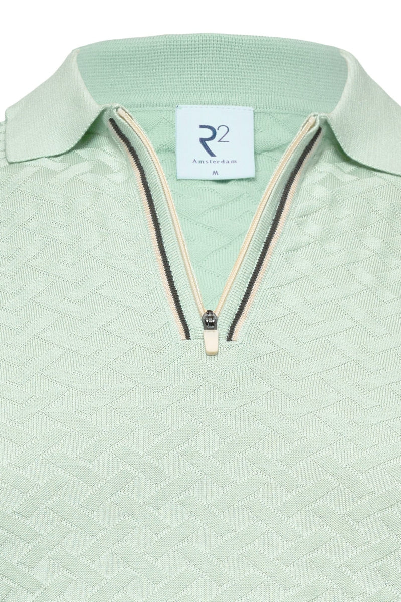 Direct From Brand,R2 Amsterdam, R2 Amsterdam Light Green Zipper Closure Textured Polo, Green, Small-38-TagSMedium-40-TagMExtra Extra Large-48-TagXXLExtra Extra Extra Large-50-Tag3XL