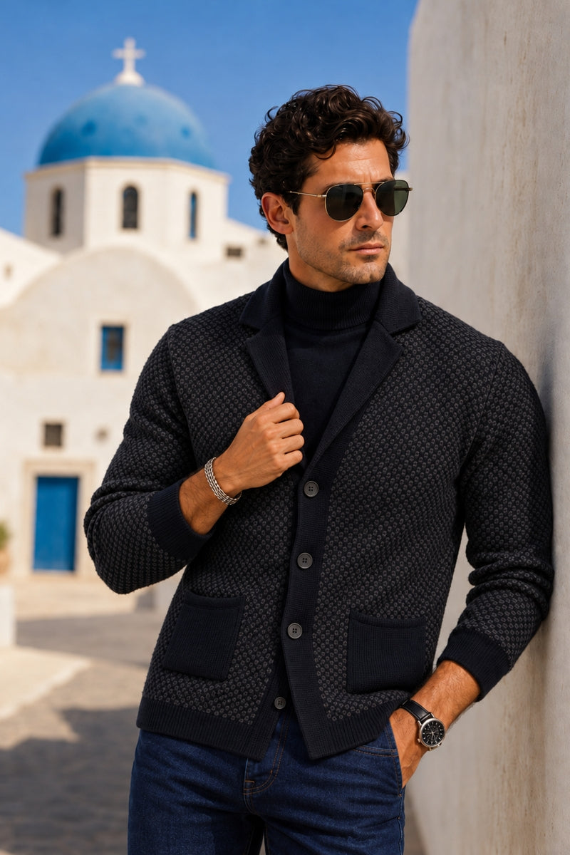Wholesale,Luchiano Visconti, Luchiano Visconti Navy Two Tone Knit Textured Cardigan, Blue, Medium-44-TagMLarge-46-TagLExtra Large-47-TagXLExtra Extra Large-48-TagXXL
