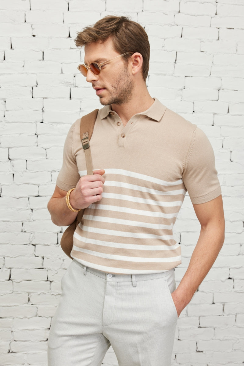 Wholesale,Altinyildiz Classics, Altinyildiz Classics Taupe with White Striped Knit Polo, Tan, Large-43-TagL