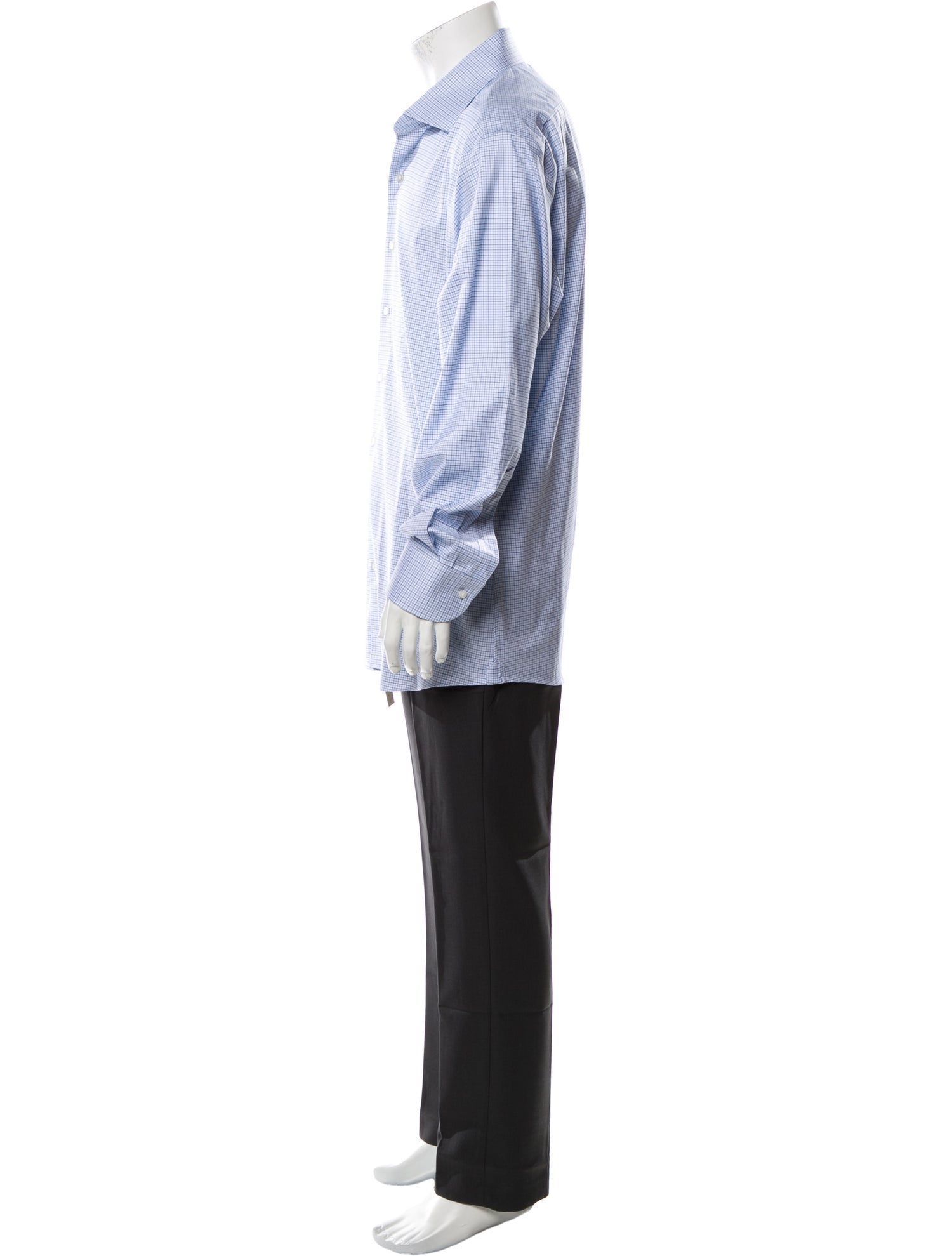 RealReal,Proper Cloth, Proper Cloth Blue Plaid Print Long Sleeve Dress Shirt with One-Button Rounded Cuffs, Blue, Extra Large-49-TagXL