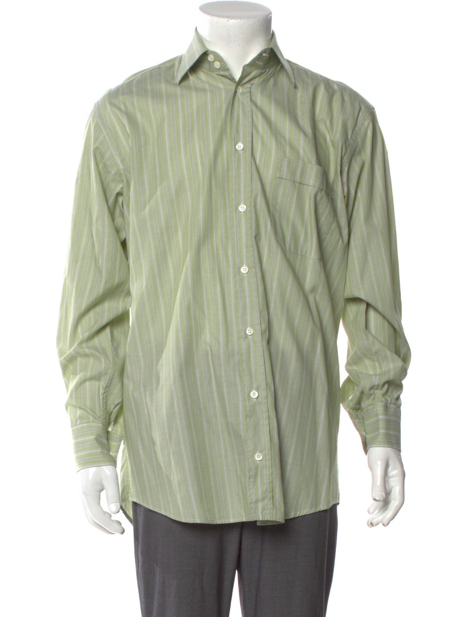 RealReal,Luciano Barbera, Luciano Barbera Green Stripped Long Sleeve Dress Shirt with One-Button Rounded Cuffs, Green, Extra Large-48-Tag39